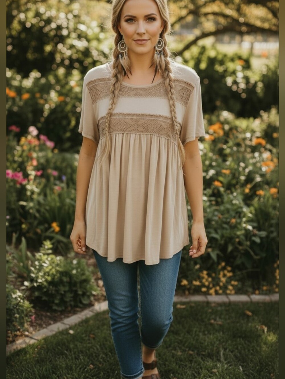 Knox Rose Lace Yoke Short Sleeve Tunic — Beige